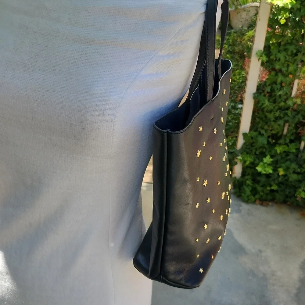 Tory Burch Star Stud Black Leather Tote Bag Purse